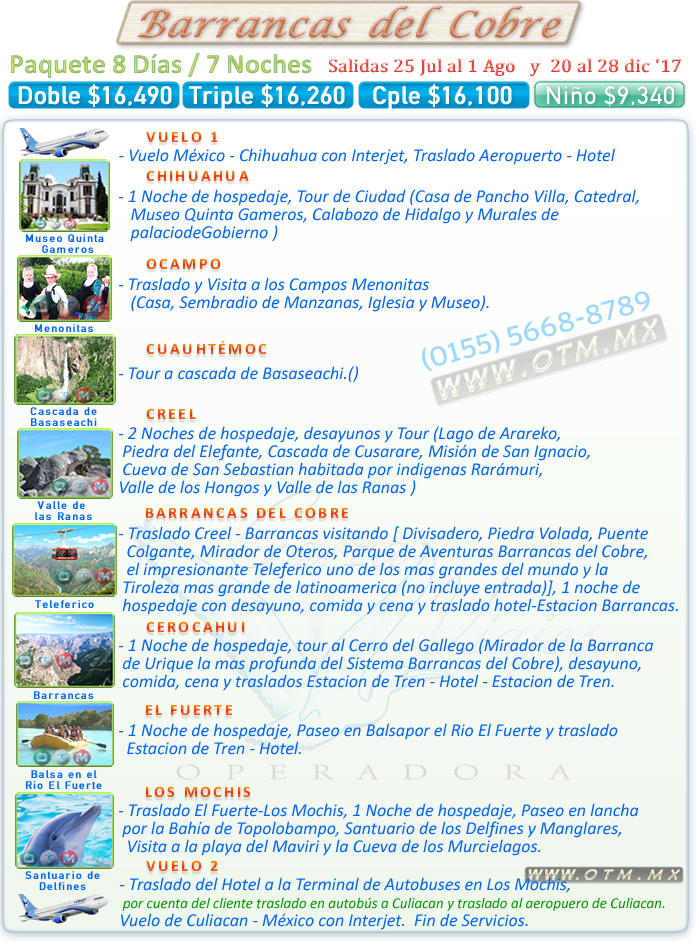 promocion grupal paquete economico menonitas chihuahua Cuauhtemoc ocampo creel barrancas del cobre cerocahui el fuerte los mochis tren chepe